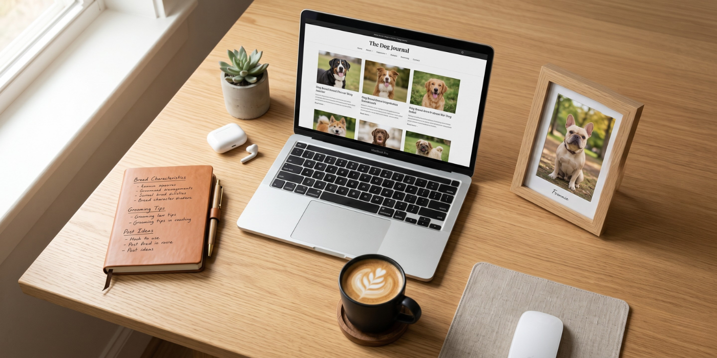 Espace de travail d'un créateur de contenu canin avec ordinateur portable et carnet de notes sur un bureau en bois