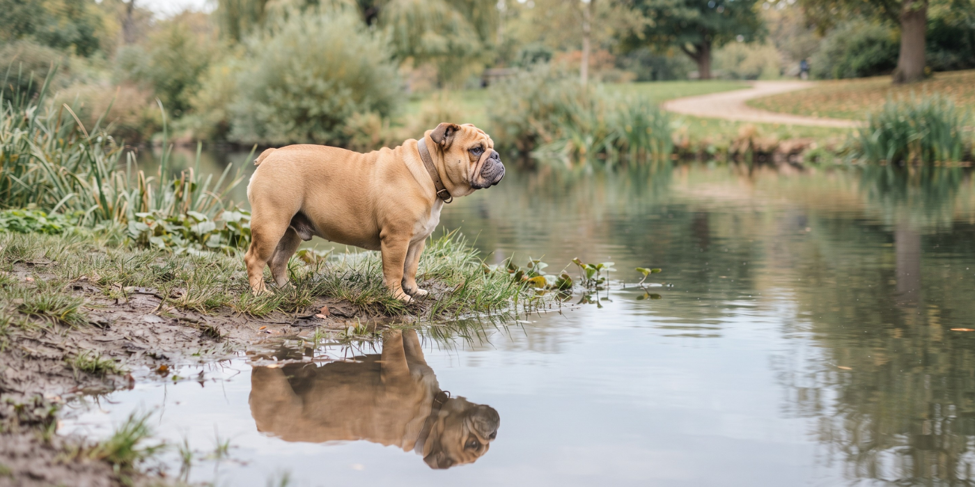 Chien près d'une flaque d'eau, risque de leptospirose et bactéries transmissibles