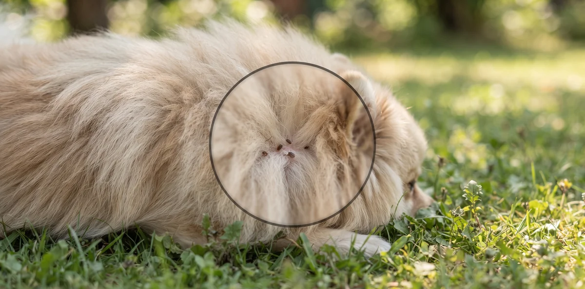 Dog lying in grass, showing hidden risk of mites, ticks, and worms