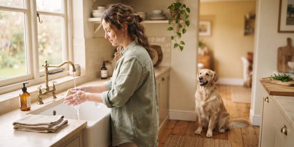 Person washing hands near their dog, a simple preventive habit